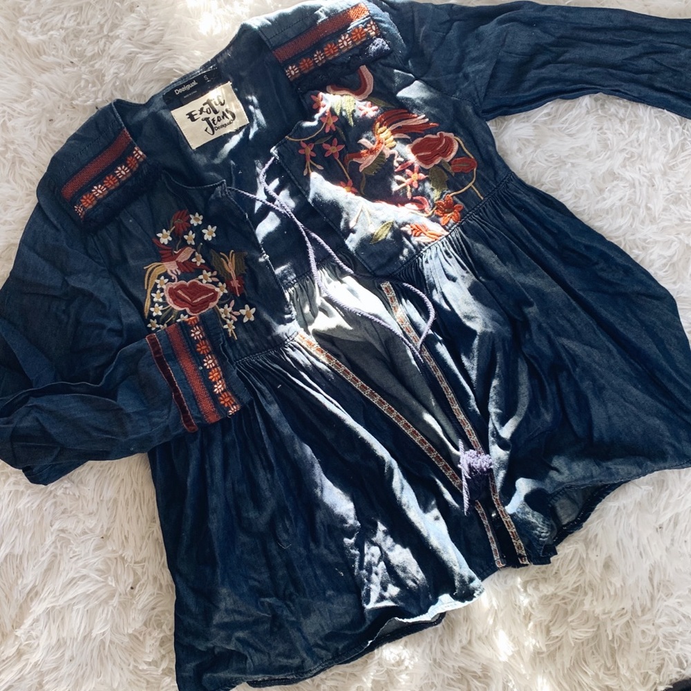 Desigual Chambray Embroidered Blouse